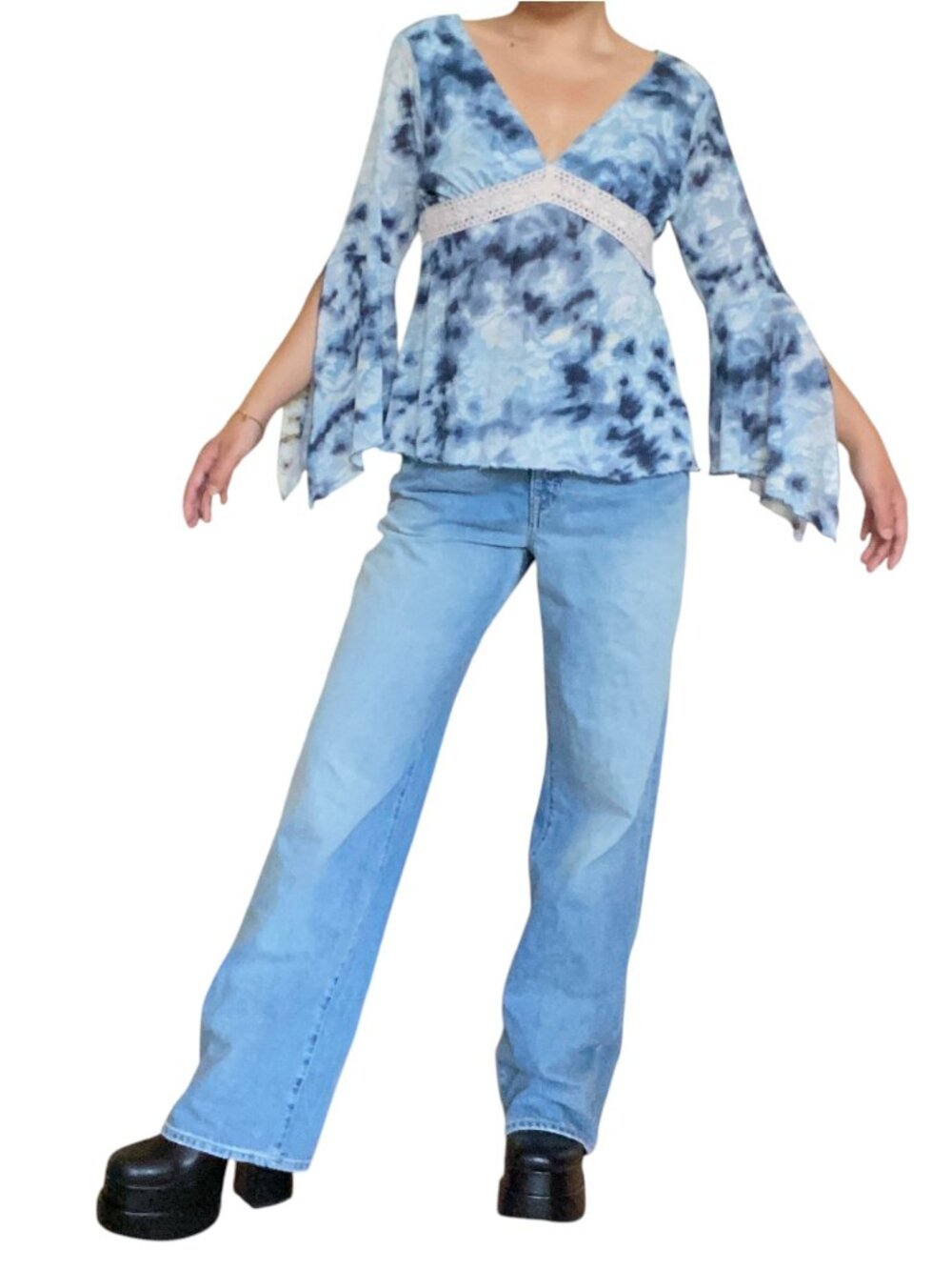 Fashion Bug Tie Dye Blue White Crochet Blouse Flare Sleeve XL Plus Size Y2K